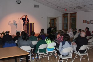 Author Megan McArdle speaks in the Chesapeake Room at Fairhaven School.